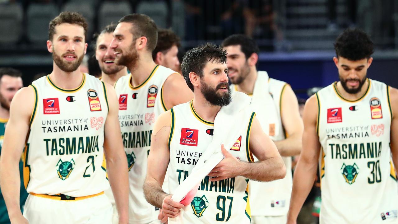 JackJumpers celebrate victory during game three of the NBL Semi Final series.