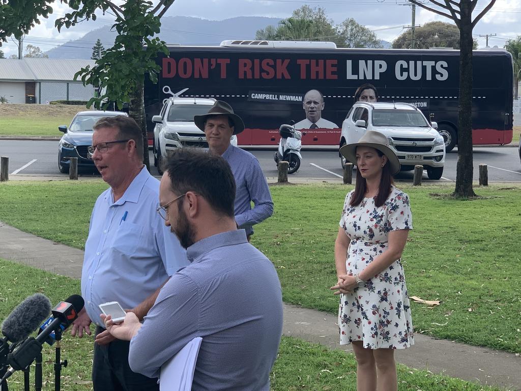 Labor’s candidate for Rockhampton Barry O'Rourke addresses the media with Mines Minister Anthony Lynham and Labor’s candidate for Keppel Brittany Lauga.