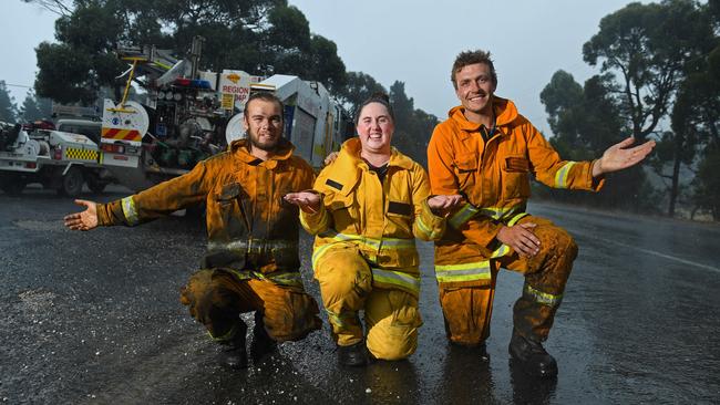 CFS volunteers Nick Svetec, Hayllee Camplbell, and Joel Trace outside the Bradbury Country Fire Service station. Picture: Tom Huntley