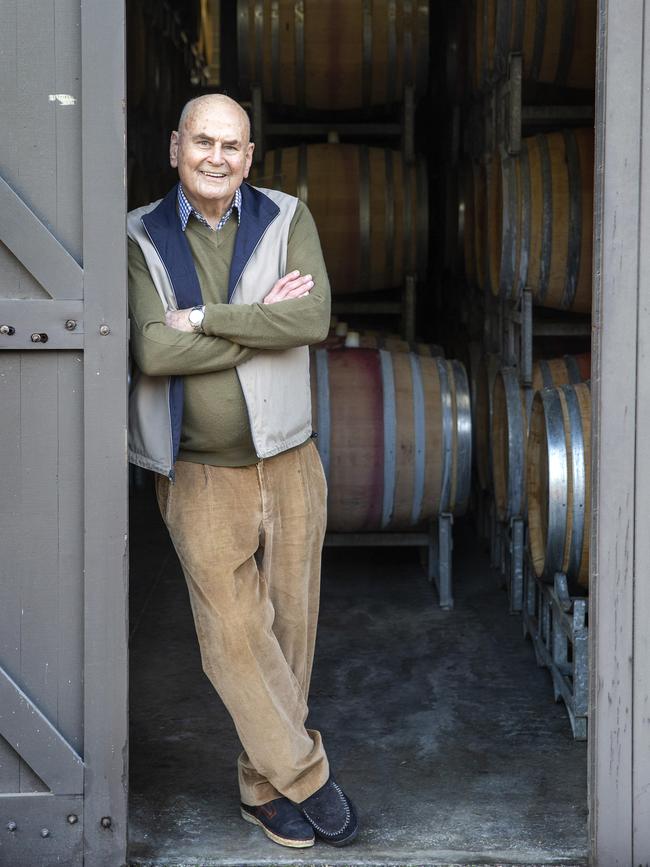 Halliday by the barrels at his Coldstream Hills winery in Gruye. Picture: Sarah Matray