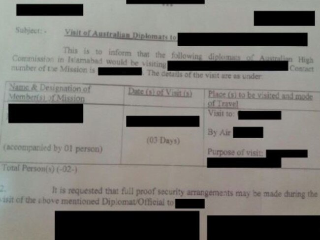 The redacted document detailing an itinerary for Australian diplomats. Picture: Lookout