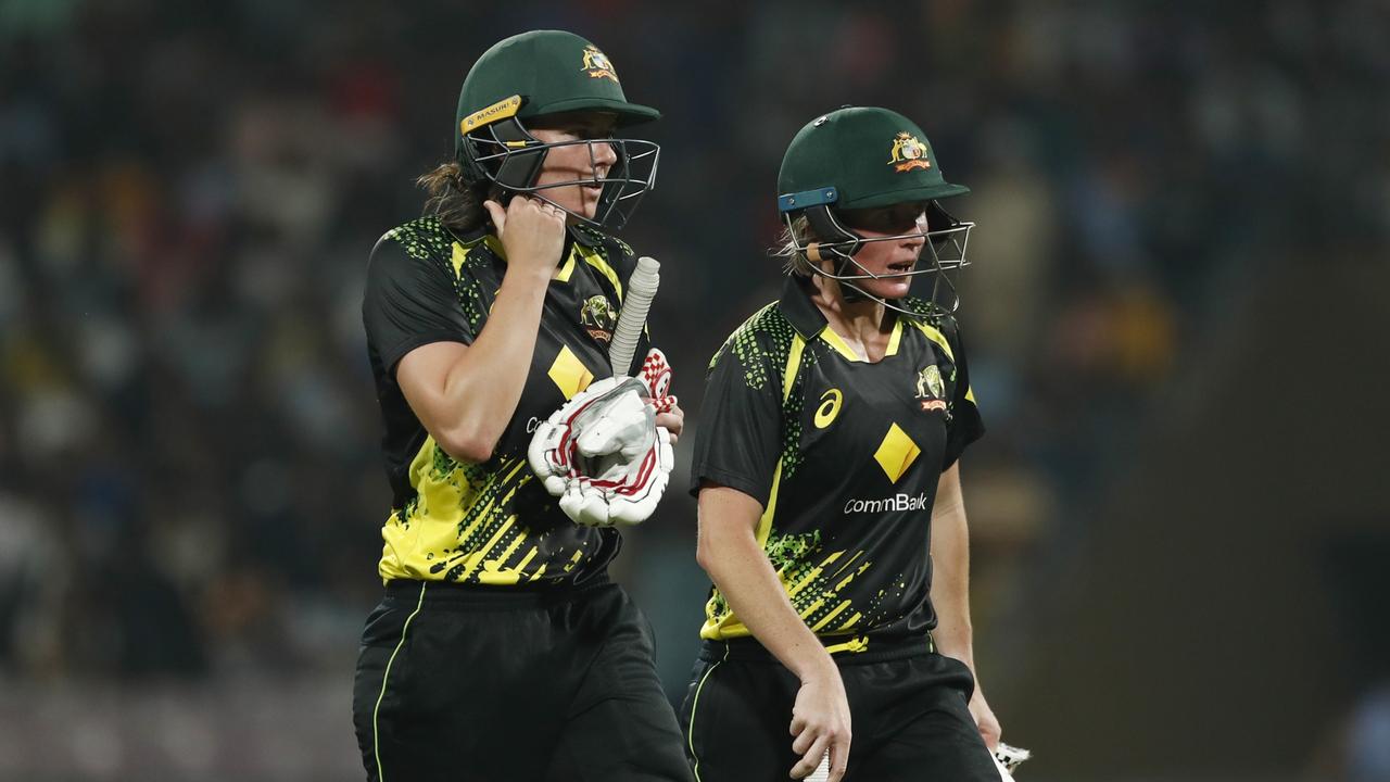 MUMBAI, INDIA - DECEMBER 09: Tahlia McGrath (R) and Beth Mooney of Australia during the T20 International series between India and Australia at Dr DY Patil Cricket Stadium on December 11, 2022 in Mumbai, India. (Photo by Pankaj Nangia/Getty Images)