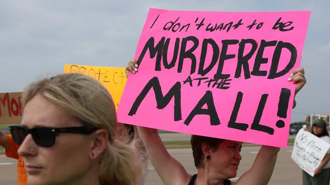 Protesters rallied at an Allen, Texas church after the mall shooting. Picture: Joe Raedle/Getty Images/AFP