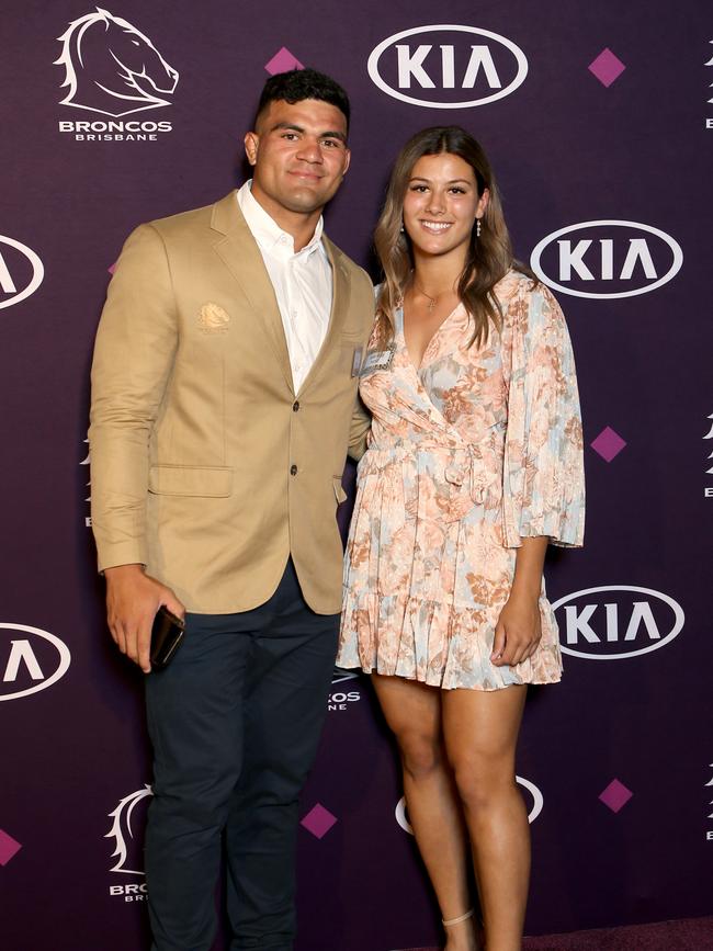 L to R, David Fifita and Shaylee Bent at the Brisbane Broncos Season Launch cocktail party in 2020. Picture: Steve Pohlner