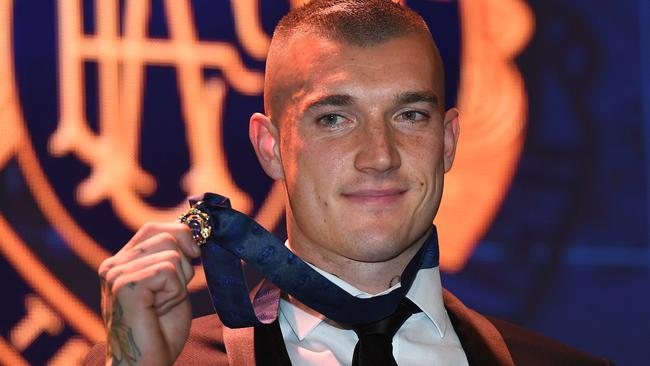 Dustin Martin of the Richmond Tigers reacts after winning the 2017 Brownlow medal at Crown in Melbourne, Monday, September 25, 2017. The Brownlow medal is awarded to the the AFL's best and fairest player. (AAP Image/Julian Smith) NO ARCHIVING