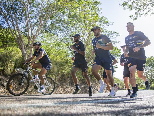 Jordan McLean, Hamiso Tabuai-Fidow, Jason Taumalolo and Ben Hampton during the Cowboys pre-season training session on Castle Hill. Picture: Cowboys Media