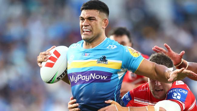 David Fifita of the Titans makes a break during the round six NRL match between Gold Coast Titans and St George Illawarra Dragons at Cbus Super Stadium on April 09, 2023 in Gold Coast, Australia. (Photo by Chris Hyde/Getty Images)