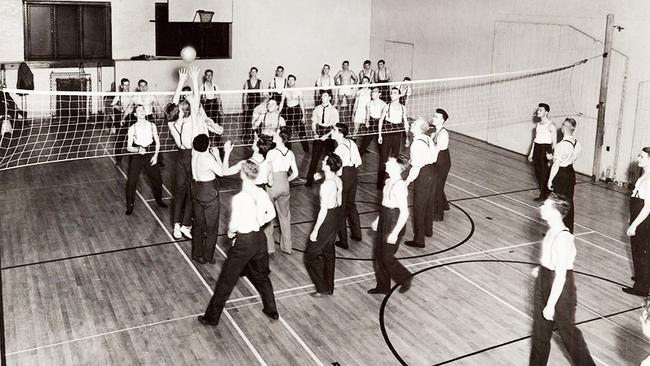 An early volleyball game at the Springfield College YMCA.