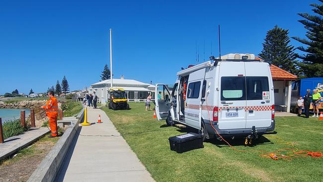 SES crew search for the shark with a drone at Beachport Jetty after a shark attacked local swimmer Pamela Cook. Picture: SES