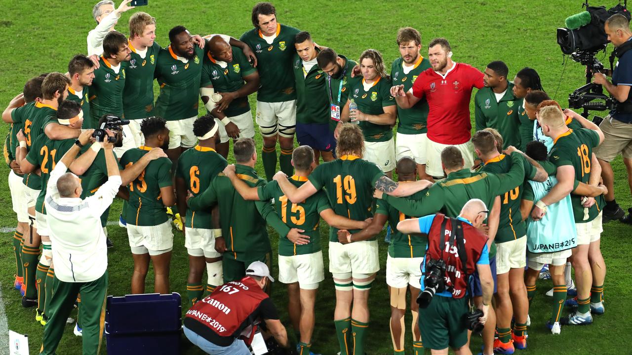 South Africa celebrate their victory over Wales.