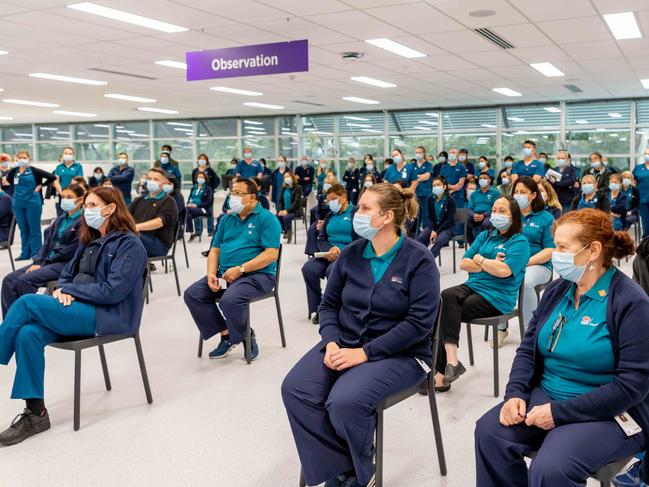 WEEKEND TELEGRAPHS SPECIAL. MUST TALK WITH PIC ED JEFF DARMANIN BEFORE PUBLISHING. First look inside NSW Health Vaccination Centre at Sydney Olympic Park. NSW Health’s mass vaccination centre at Sydney Olympic Park opens Monday May 10 at 8am The vaccination centre at Sydney Olympic Park will operate six days per week from 8am to, 8pm., Around 200 registered nurses and midwives are working at the Sydney Olympic Park, vaccination centre. They form about than two-thirds of its 300-strong workforce., The centre has the capacity to administer up to 30,000 vaccines per week. This means, approximately 5,000 per day, six days a week., NSW Health has opened more than 100 vaccination clinics, including outreach clinics,, across the state., Once the Sydney Olympic Park vaccination centre is up and running, NSW Health will have the, capacity to administer approximately 60,000 vaccines per week., NSW health staff test run the Vaccination hub at Homebush on Friday evening.