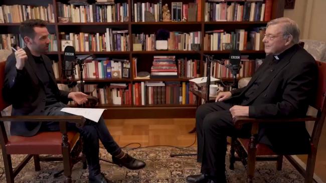 Cardinal George Pell in an interview with Colm Flynn for the BBC. Picture: Twitter/@ColmFlynn1