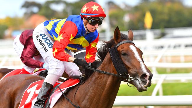 Mallyon riding Odeon to a win at Caulfield Racecourse last year. Picture: Vince Caligiuri