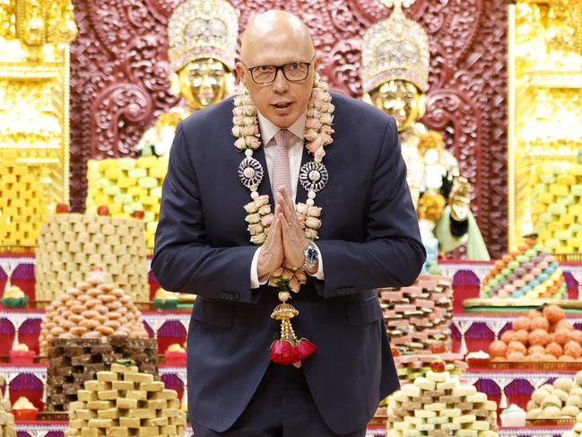 The Leader of the Opposition Peter Dutton visits Swaminarayan Hindu Mandir and Cultural Precinct in Kemps Creek. Picture: NewsWire / Damian Shaw