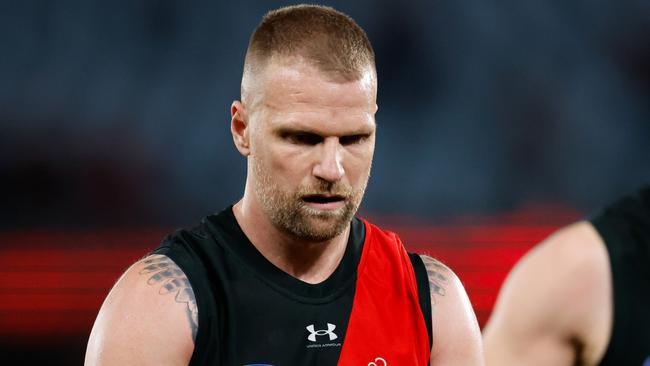 MELBOURNE, AUSTRALIA - AUG 16: Jake Stringer of the Bombers looks dejected after a loss during the 2024 AFL Round 23 match between Essendon Bombers and the Sydney Swans at Marvel Stadium on August 16, 2024 in Melbourne, Australia. (Photo by Dylan Burns/AFL Photos via Getty Images)