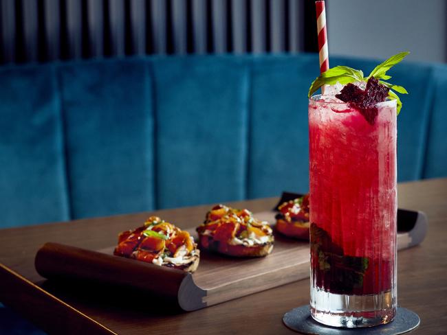 Beetroot mojito and bar snacks at Solander restaurant, West Hotel, Barangaroo, Sydney.