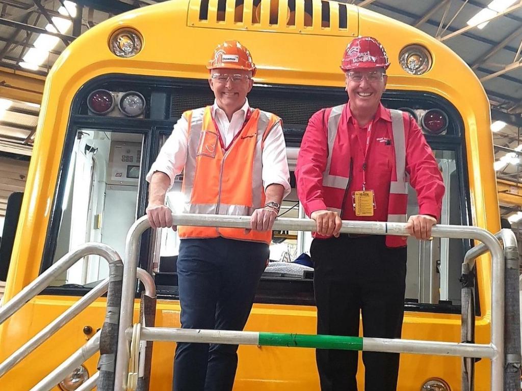 Former Maryborough Labor MP Bruce Saunders with Prime Minister Anthony Albanese at the Downer train factory.