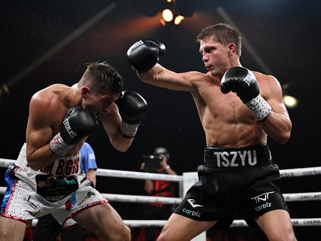 Nikita Tszyu scored a stoppage win over Biggs in one of the best domestic bouts of 2023. Picture: No Limit Boxing