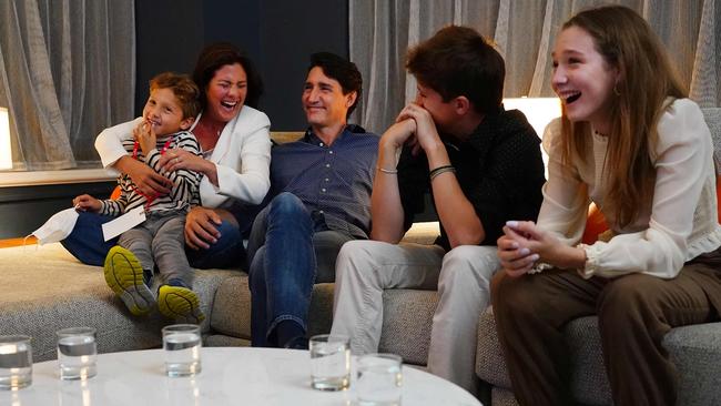 Justin Trudeau (C) watches election results with wife Sophie Gregoire-Trudeau and children, Xavier, Ella-Grace and Hadrien, at Liberal headquarters in Montreal. Picture: AFP.