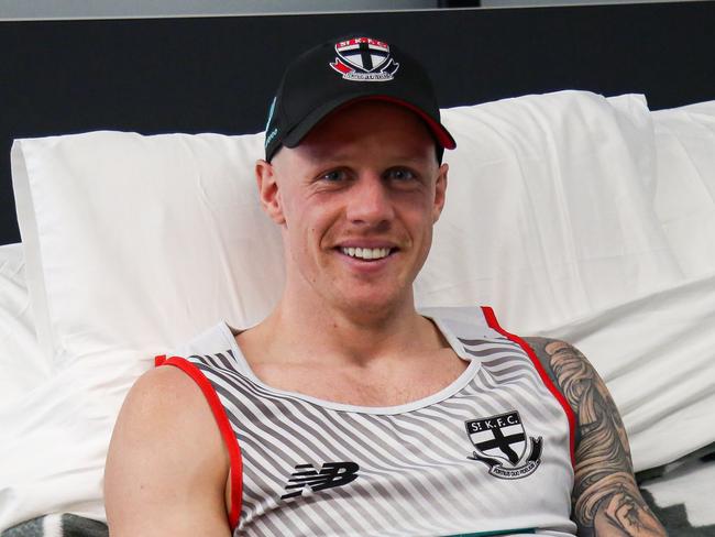 Zak Jones of the StKilda football club and Dr Elise Facer-Childs in the Saints Sleep Hub at their training facility in Moorabbin.