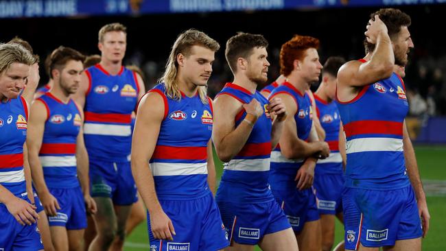 Bailey Smith and the Bulldogs looks dejected after the loss. Picture: Dylan Burns/AFL Photos via Getty Images