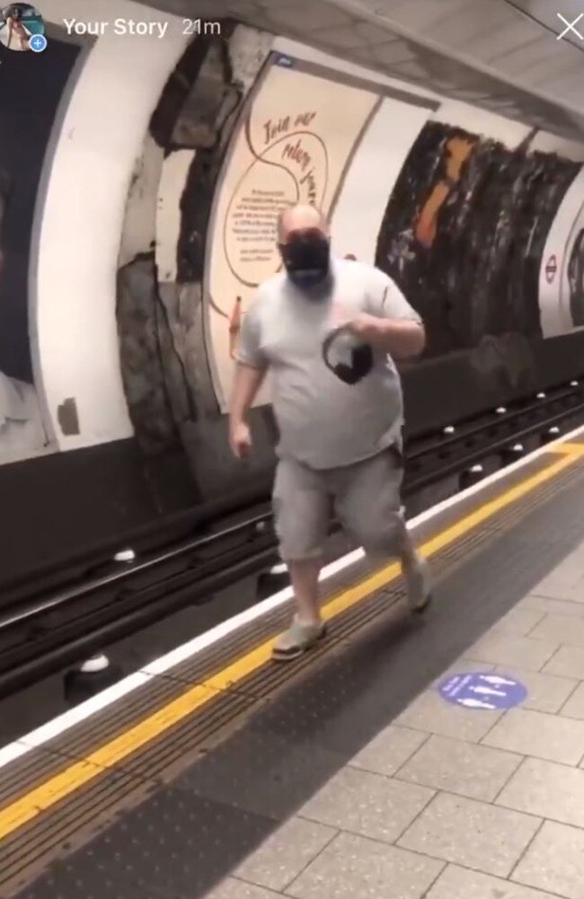 A London commuter was filmed pacing up and down a platform yelling at an Instagram model for not wearing a mask. Picture: Twitter/naijagyaldee