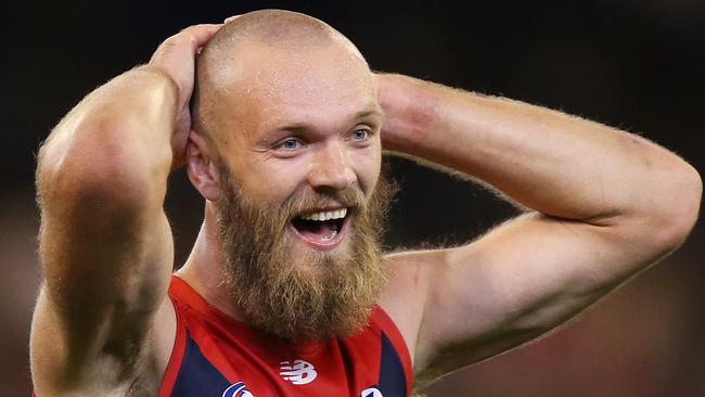 Melbourne ruckman Max Gawn laments a free kick given away during the club’s loss to Essendon on Friday. Picture: Michael Dodge/Getty Images.