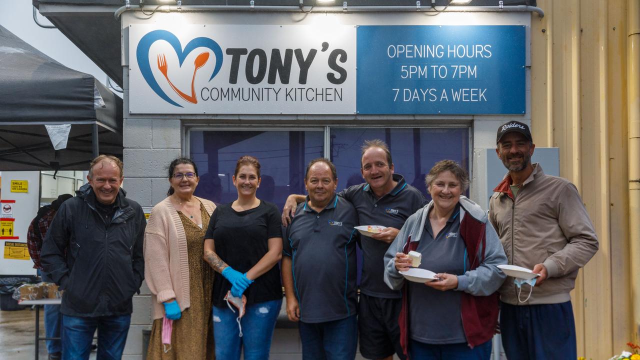 Celebrating a year of service at Tony's Community Kitchen are (from left) directors Peter Rubie and Jo Noonan, volunteers Rachel Bridges, treasurer Greg Kowald, founder Tony Hurle Founder, director Alison Hunter and Justin, one of the friends who has been coming to the kitchen since the beginning.