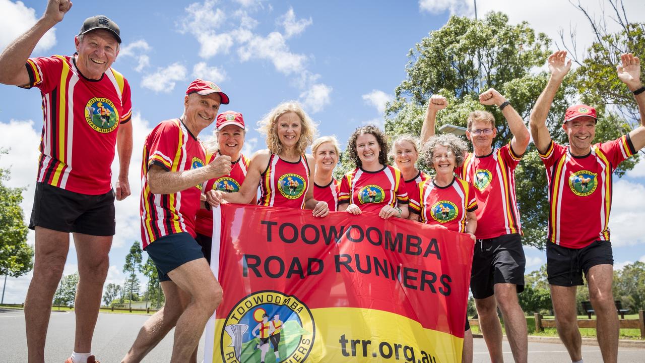 Toowoomba Road Runners members (from left) Brett Ebneter, Peter Williams, Christine Galley, Wendy Dighton, Chris Gillett, Laura Pascoe, Jackie Amos, Cathie Murtagh, Stuart Pocknee and Mark Galley are excited that the Toowoomba Marathon is back. Picture: Kevin Farmer