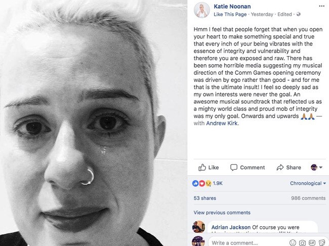 A Facebook post from musican Katie Noonan after a backlash following the opening ceremony.