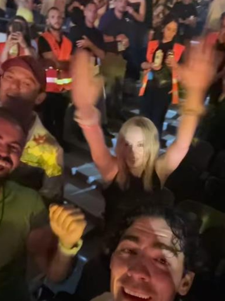 Kylie Minogue dances up a storm with singer Joe Jonas and actor Luke Evans. Picture: Luke Evans/Instagram