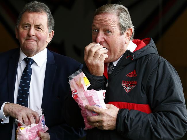 Denis Pagan and Kevin Sheedy eating marshmallows. Picture: Wayne Ludbey