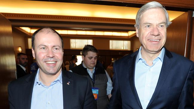 Josh Frydenberg and Michael Kroger at the Liberal Party election launch. Picture: Andrew Henshaw