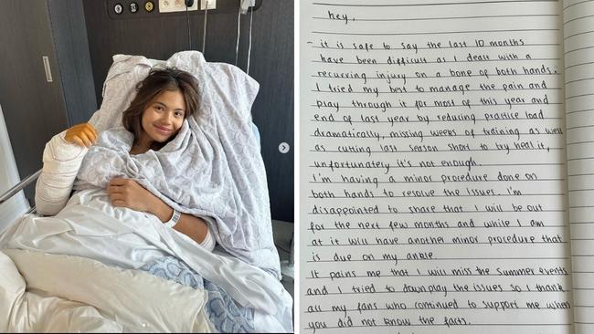 Emma Raducanu shared the devastating news from her hospital bed. Photo: Instagram, Emma Raducanu.