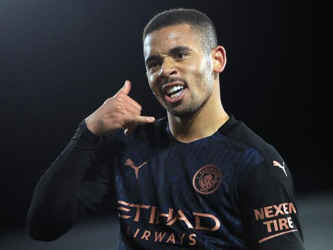 Gabriel Jesus after scoring at at Craven Cottage in London