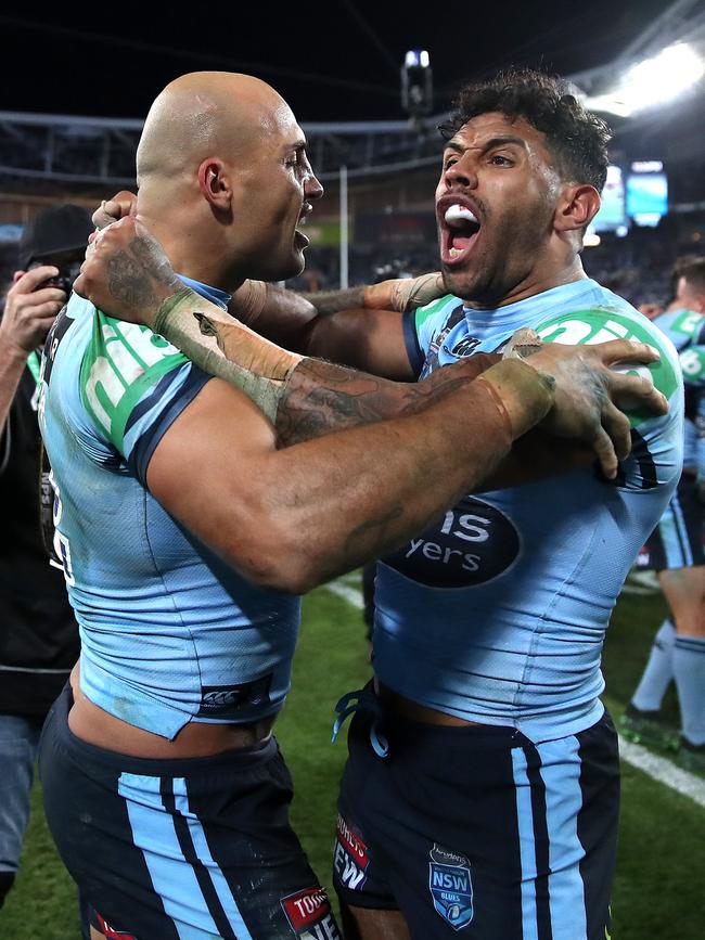 Ferguson and Addo-Carr celebrate the 2019 Origin series win. Picture: Phil Hillyard