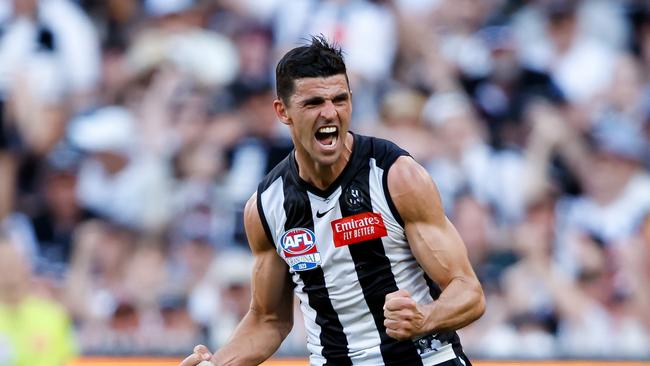 MELBOURNE, AUSTRALIA – SEPTEMBER 30: Scott Pendlebury of the Magpies celebrates a goal during the 2023 AFL Grand Final match between the Collingwood Magpies and the Brisbane Lions at the Melbourne Cricket Ground on September 30, 2023 in Melbourne, Australia. (Photo by Dylan Burns/AFL Photos via Getty Images)