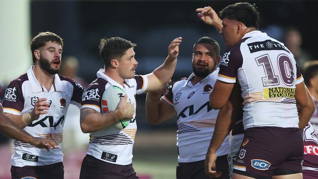 SYDNEY, AUSTRALIA - FEBRUARY 24:  Cory Paix of the Broncos celebrates scoring a try during the NRL Pre-season challenge match between Manly Sea Eagles and Brisbane Broncos at 4 Pines Park on February 24, 2024 in Sydney, Australia. (Photo by Mark Metcalfe/Getty Images)