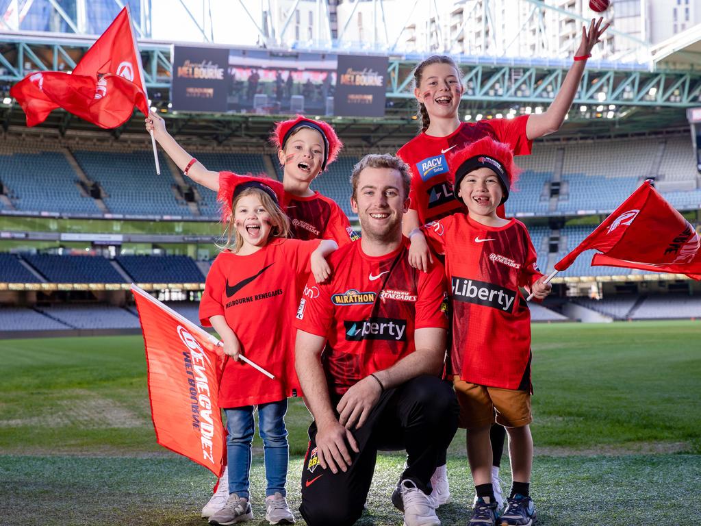 Building lifelong friendships and having fun are all essential to the game of cricket. Melbourne Renegades player Mackenzie Harvey is pictured with fans Molly, 5, Harry, 9, Millie, 11 and Ned, 7. Picture: Jason Edwards