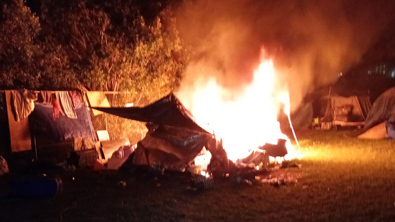 A tent on fire at Musgrave Park. Photo: Supplied