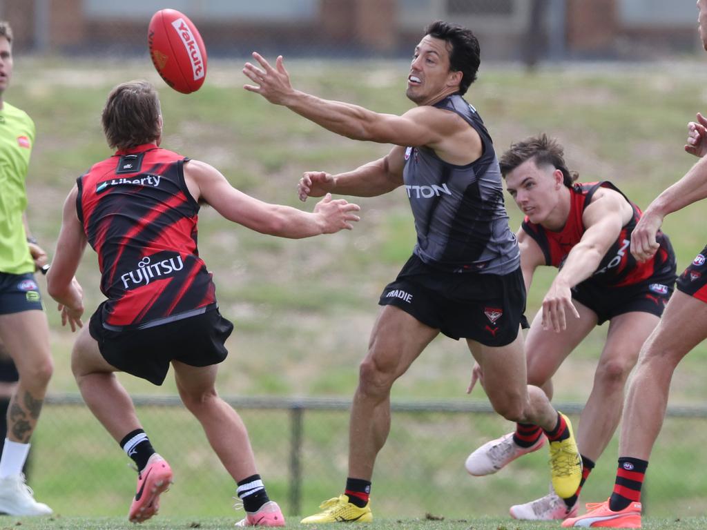 Dylan Shiel impressed across half-back during Essendon match sim. Picture: David Crosling