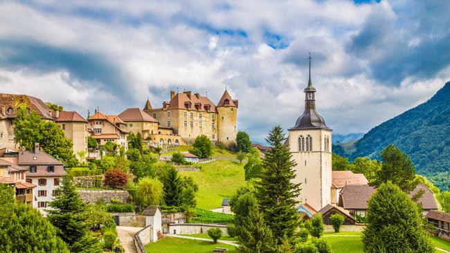 Beautiful view of the medieval town of Gruyeres.