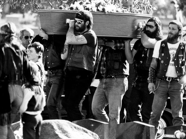 Bandidos bikie gang members acts as pallbearers at the funeral of two of their own at Rookwood Cemetery in Sydney 07/09/84, killed during the Milperra massacre which took place at the Viking Tavern when a fight broke out between rival gangs. pic Ian Mainsbridge.
