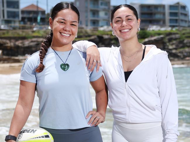 Parramatta Eels NRLW players sisters Kennedy (left) and Reuben (right) Cherrington pictured at Maroubra Beach. Picture: Rohan Kelly