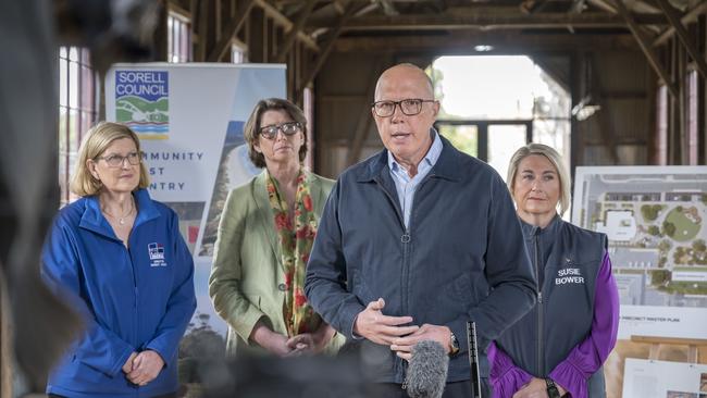 Senator Wendy Askew, Sorrell Mayor Janet Gatehouse, Hon Peter Dutton MP and Susie Bower at Sorell Mens Shed. Picture: Caroline Tan