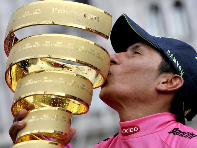 Colombia's Nairo Quintana kisses the trophy after winning the Giro d'Italia.