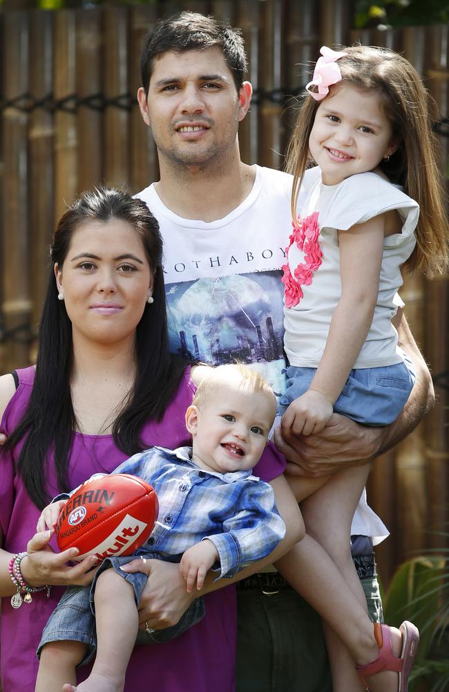 Essendon ruckman Paddy Ryder with his wife Jess son Harlan, 11mths, and daughter Liliana, 4. Picture: David Caird.