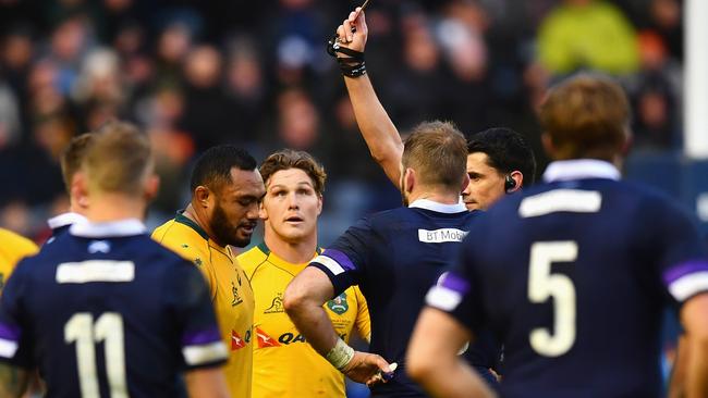 EDINBURGH, SCOTLAND - NOVEMBER 25: Sekope Kepu of Australia is shown a red card during the international match between Scotland and Australia at Murrayfield Stadium on November 25, 2017 in Edinburgh, Scotland.  (Photo by Dan Mullan/Getty Images)