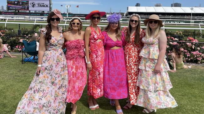 Kayla, Ashliegh, Kelly, Ashlee , Brittany and Erin at the 2024 Crown Oaks Day, held at Flemington Racecourse. Picture: Gemma Scerri