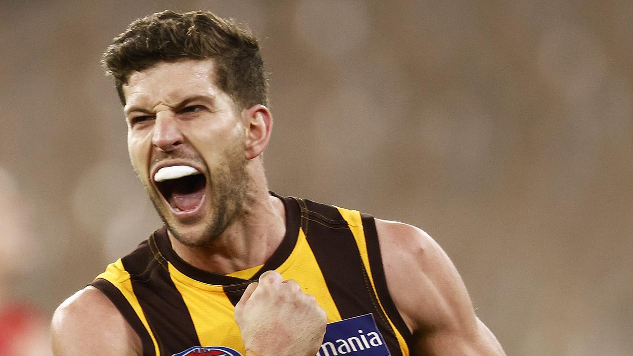 MELBOURNE, AUSTRALIA – JULY 17: Luke Breust of the Hawks celebrates a goal during the round 18 AFL match between Melbourne Demons and Hawthorn Hawks at Melbourne Cricket Ground on July 17, 2021 in Melbourne, Australia. (Photo by Daniel Pockett/AFL Photos/via Getty Images)